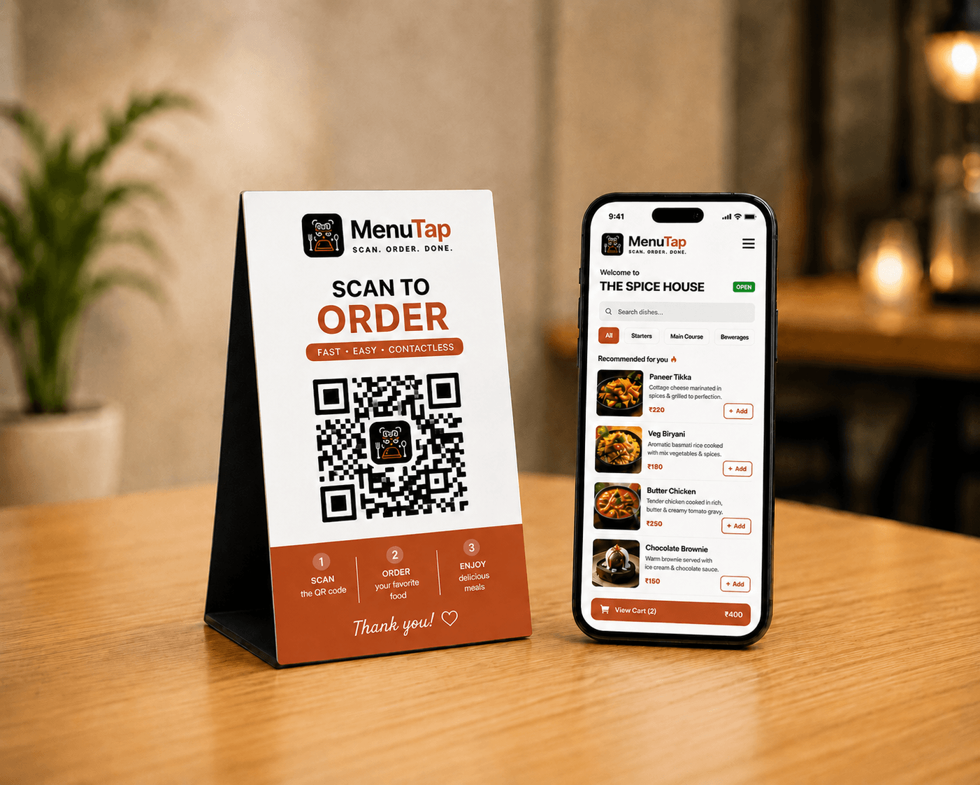 QR table ordering mockup showing MenuTap on a restaurant table