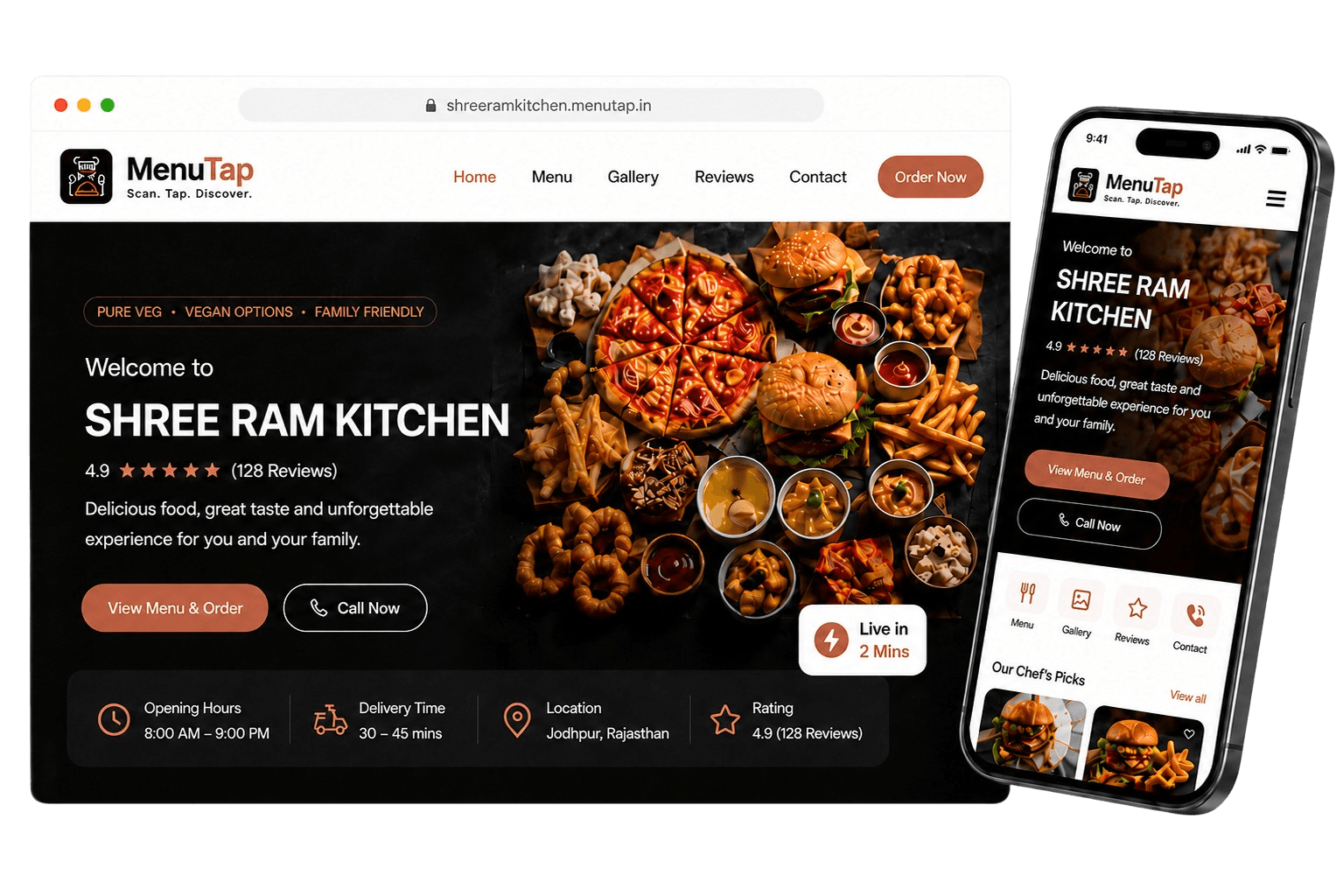 MenuTap restaurant website on desktop and mobile
